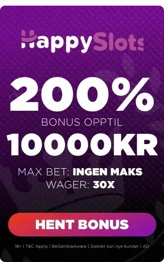happy slots casino bonuspanel som viser velkomstbonus med prosent, omsetningskrav, max bet og høyest oppnåelig bonus. 