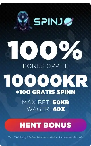 spinjo casino bonuspanel som viser velkomstbonus med prosent, omsetningskrav, max bet og høyest oppnåelig bonus. 