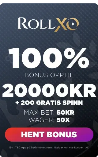 rollxo casino bonuspanel som viser velkomstbonus med prosent, omsetningskrav, max bet og høyest oppnåelig bonus. 