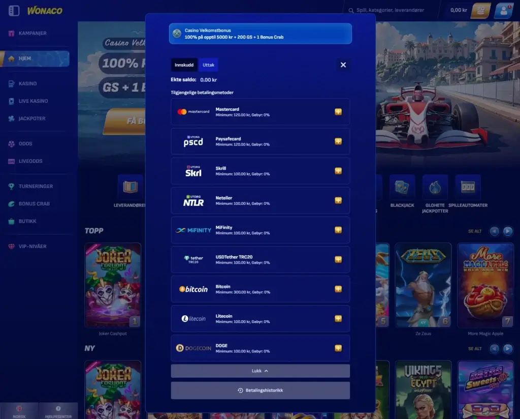 Gjennomfør ditt første innskudd hos Wonaco casino