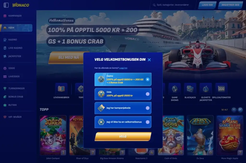 Velg din velkomstbonus på wonaco
