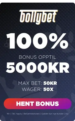 Bollybet bonuspanel som viser velkomsttilbudet